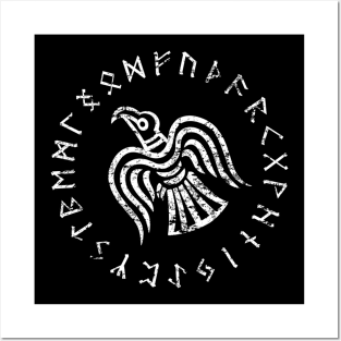 raven of odin elder futhark runes distressed Posters and Art